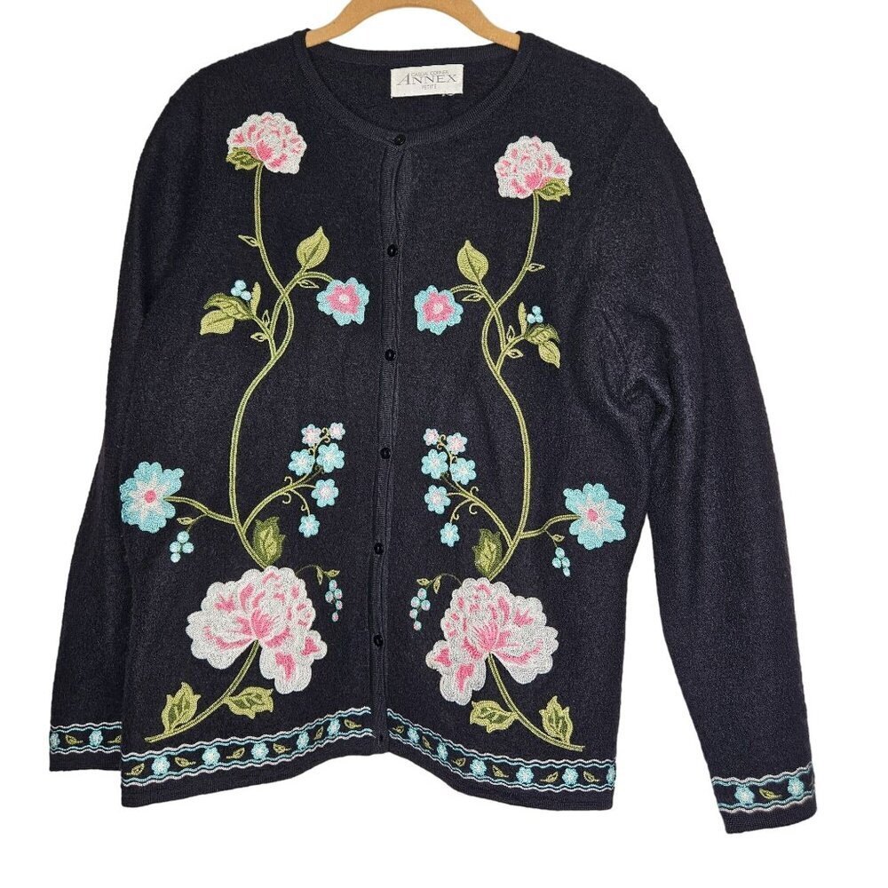 Casual Corner Annex Petite Boiled Wool Floral Embroidery Cardigan Sweater Lp
